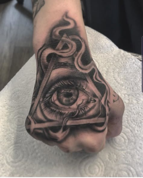 Eyeball Hand Tattoo, Eye Hand Tattoo Men, All Seeing Eye Tattoo Men, Triangle Eye Tattoo, Eye Hand Tattoo, Hand Eye Tattoo, Seeing Eye Tattoo, Knuckles Tattoo, Ojo Tattoo