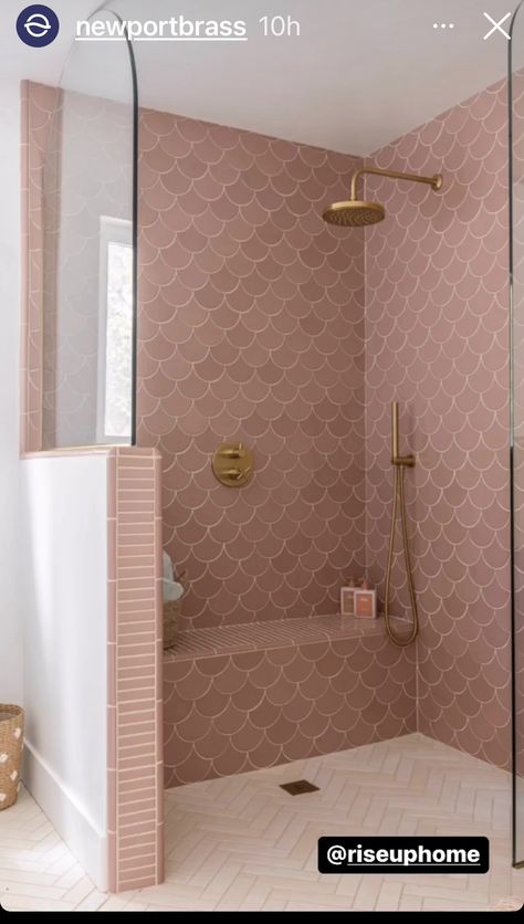 Pink Wc Small Bathrooms, Pink Tile Toilet Room, Mauve Bathroom Tile, Pink Wet Room, Pink Ensuite Bathroom, Pink Shower Room, Pink Bathroom Ideas Vintage, Stockholm Bathroom, Pink Ensuite