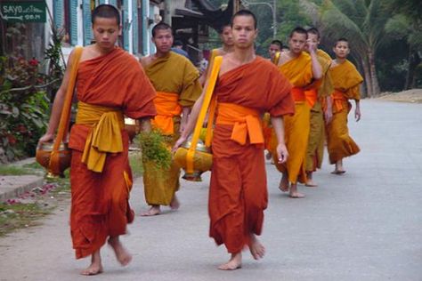 Picture of Laos Buddhist Monks (Laos): Monks collecting food in Luang Prabang Buddhist Outfit, Buddhist Fashion, Monk Outfit, Monk Aesthetic, Monk Clothing, Monk Robes, Buddhist Monk Robes, Buddhist Clothing, Nomad Clothing