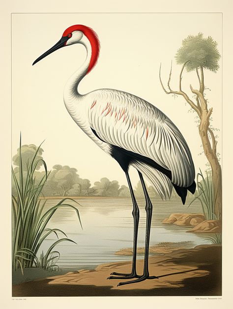 Red-crowned crane naturalist style illustration reminiscent of 19th-century naturalist drawings Red Crowned Crane Illustration, Cloisonne Painting, Crane Drawing, Crane Art, Wood Dragon, Red Crowned Crane, Crowned Crane, Dragon Year, Design Motifs