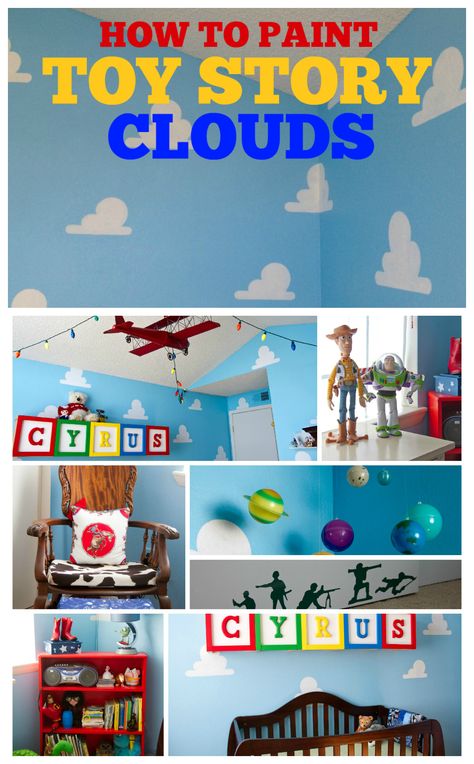 How to Paint Toy Story Clouds with a cloud stencil - by Living Lullaby Designs Toy Story Bedroom, Toy Story Nursery, Toy Story Clouds, Boy Nurseries, Toy Story Room, Casa Disney, Boys Bedroom Themes, Disney House, Deco Disney