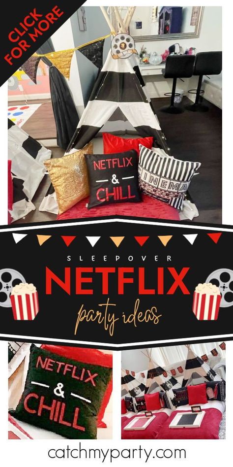 Check out this fun Netflix & Chill Movie Night sleepover! The decor is so cool! See more party ideas and share yours at CatchMyParty.com Sleepover Movie Ideas, Movie Night Sleepover, Netflix Party, Sleepover Birthday Party, Sleepover Tents, Cookie Party Favors, Netflix Chill, Sleepover Birthday, Sleepover Birthday Parties