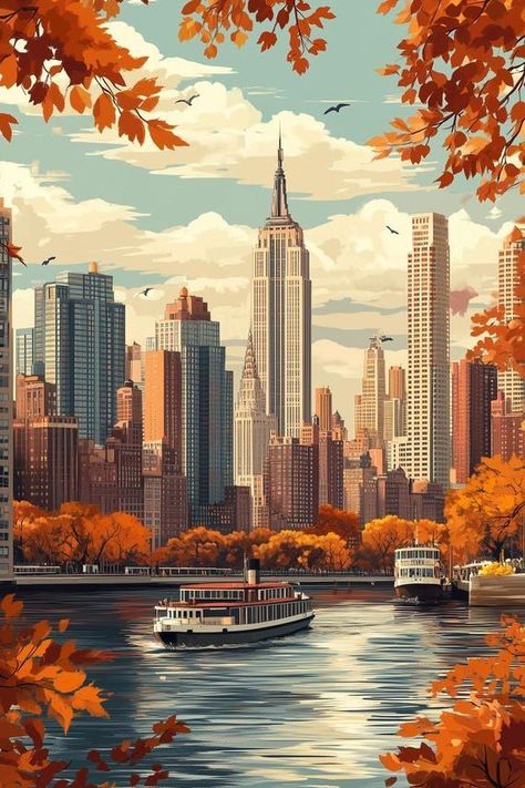 Autumn NYC Skyline Canvas Print featuring Iconic Empire State and Colorful Fall Leaves Wall Art for Home Decor by CustomCanvasCurators Get ready to bring a piece of the bustling NYC spirit into your home with this stunning canvas print featuring the iconic skyline and warm fall colors 🌆🍂 Perfect for city lovers and art enthusiasts alike, it's the ideal focal point for any room. Whether you're a fan of cityscapes or simply want to add some elegance to your decor, this piece promises to spark... Digital Art Cityscapes, New York Autumn, New York Illustration, Leaves Frame, Leaves Wall Art, Autumn In New York, New York City Skyline, Nyc Skyline, Nyc Art