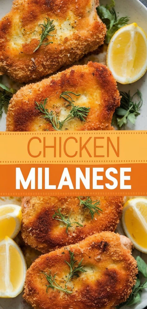 Chicken Milanese: a simple and delicious meal featuring crispy, breaded chicken cutlets. Perfectly pan-fried and served with a squeeze of lemon for a burst of flavor! Lemon Chicken Milanese, Best Chicken Cutlet Recipe, Baked Chicken Milanese, Chicken Cutlet Dinner Ideas, Lemon Chicken Cutlets, Chicken Cutlets Recipes, Easy Chicken Cutlet Recipes, Chicken Milano, Chicken Milanese Recipe