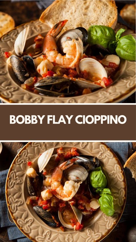 Bobby Flay’s Cioppino is made with clams, snapper, shrimp, olive oil, shallots, garlic, dry white wine, chicken stock, clam juice, diced tomatoes, thyme, bay leaf, hot sauce, salt, black pepper, butter, parsley, and sourdough and takes just 35 minutes to prepare! Bobby Flay Cioppino Recipe, Cioppino Recipe, White Wine Chicken, Wine Chicken, Bobby Flay Recipes, Green Beans With Bacon, Mushroom Stroganoff, Bobby Flay, Mushroom Risotto