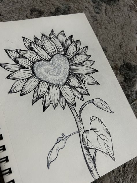 Sunflower Heart, Sunflower Drawing, Easy Love Drawings, Desen Anime, Flower Art Drawing, Meaningful Drawings, Art Animation, Art Drawings Sketches Pencil, Easy Drawings Sketches