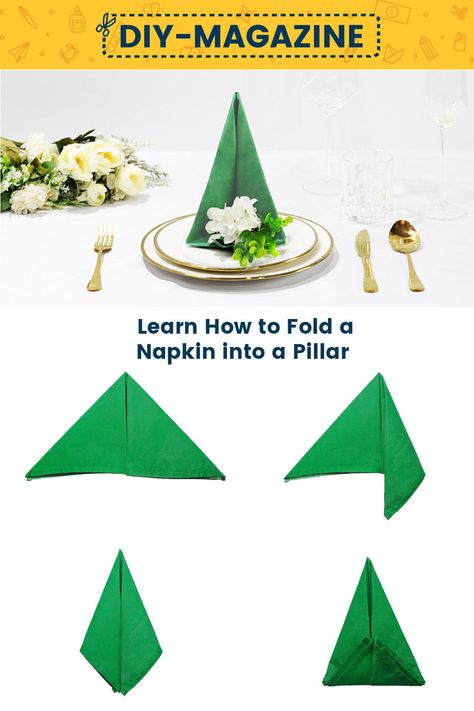 How to fold a napkin into a Pillar Folding Cloth Napkins Step By Step, Easy Napkin Fold, Napkin Tree Fold, Folding Paper Napkins For Christmas Simple, Tree Folded Napkin, Fold Napkin Like Cheisrmas Tree, Wedding Napkin Folding, Creative Napkin Fold, Diy Napkin Folding