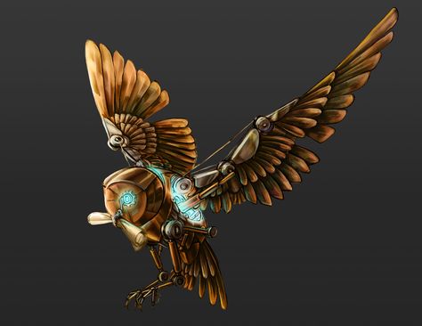 Steampunk Owl Art, Mechanical Animals Drawing, Artificer Gadgets, Owl Concept Art, Dnd Steampunk, Mechanical Owl, Monsters Dnd, Robot Bird, Arcane Oc