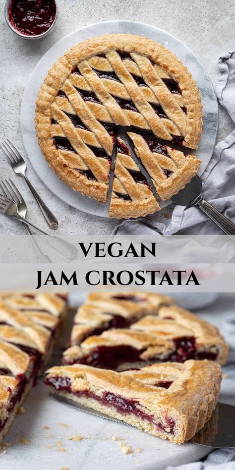 Vegan jam crostata - this vegan verison of the classic Italian jam tart is easy to make with basic ingredients and tastes delicious! Sweet and fruity with a crumbly, melt-in-the-mouth texture, this crostata is perfect for dessert, a snack or even for breakfast! Breakfast Thanksgiving, Vegan Jam, Vegan Tarts, Vegan Pastries, Vegan Nutella, Jam Tarts, Vegan Baking Recipes, Vegan Pie, Vegan Cafe