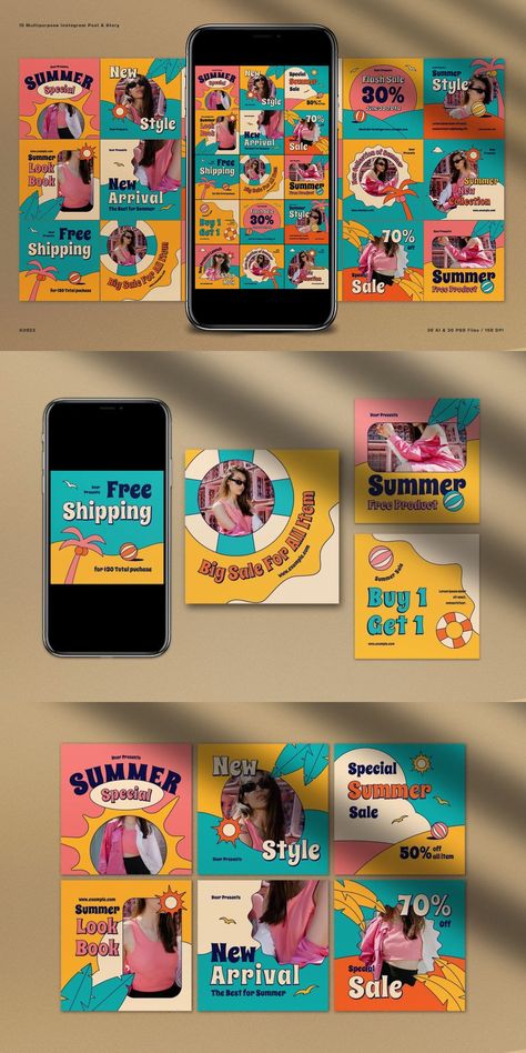 Yellow Flat Design Summer Sale Instagram Pack - Social Media Templates Adobe Photoshop Illustrator Tropical Social Media Design, Flat Social Media Design, Summer Social Media Design, Portfolio Typography, Instagram Feed Organizer, Social Graphics, Carousel Post, Puzzle Feed, Designer Portfolio