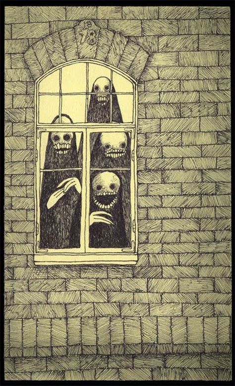 Don’t look at the window Nightmare Drawing, Don Kenn, Horror Vibes, John Kenn, Creepy Drawings, Arte Peculiar, Monster Drawing, Face Illustration, 다크 판타지