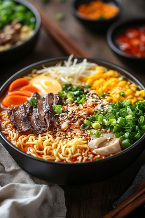 Bowl of ramen with sliced beef, boiled egg, corn, sliced carrots, green onions, bean sprouts, and seasoning. Steak Ramen Noodle Recipes Soup, Asian Ramen Soup, Cup Ramen Recipes, Ramen Ideas Instant, Authentic Ramen Recipes Japanese Food, Ramen Soup Recipes Easy, Spicy Ramen Recipes, Healthy Ramen Soup, Instant Ramen Noodle Recipes