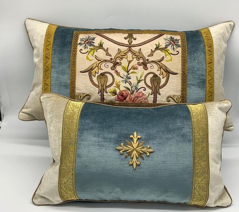 Emily Alexander on Instagram: “Blue and white velvet pillows with antique French Ecclesiastical embroidery and antique French galon on feather pillow. Background 14…” Emily Alexander, Embroidered Textiles, Cushion Designs, Feather Pillow, Embroidery Pillow, Feather Pillows, White Velvet, Cushion Design, Velvet Pillows