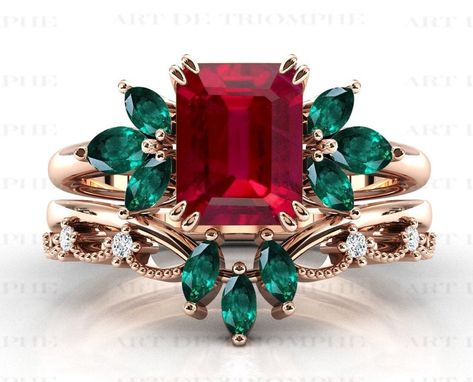 Ruby And Gold Engagement Ring, Ruby Emerald Ring, Emerald And Ruby Ring, Ruby And Emerald Ring, Ruby Wedding Ring Set, Ruby Engagement Ring Set, Ruby Wedding Ring, Vintage Emerald Engagement Ring, Brilliant Ring