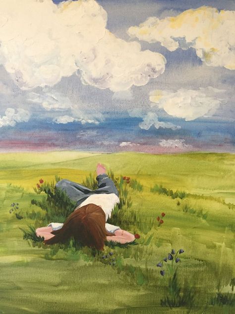 Cloud Watching, Fun Art, The Grass, Landscape Painting, Painting Art, A Child, Fine Art Print, Acrylic Painting, Art Print