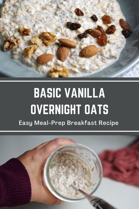 A bowl of vanilla overnight oats and a jar with basic overnight oats. Chia Seed And Oats Overnight, Overnight Oats Healthy No Chia Seeds, Oatmeal And Chia Seeds Overnight Oats, Flax Seed Overnight Oats, Overnight Oats With Yogurt And Chia, Overnight Oats With Flax Seed, Chia Seed Oatmeal Overnight Oats, Overnight Oats No Chia Seeds, Chia Seed Oatmeal Overnight