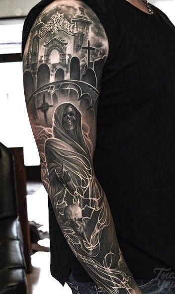 Sugar Skull Sleeve, Cover Up Tattoos For Men, Polish Tattoos, Grim Reaper Tattoo, Reaper Tattoo, Skull Sleeve Tattoos, Skull Sleeve, Full Sleeve Tattoo Design, Forearm Sleeve