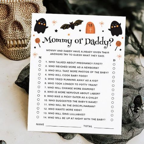 $1.28 | Mommy Or Daddy Halloween Baby Shower Game #guess who mommy or daddy, gender neutral baby shower game, halloween baby shower game, gothic baby shower game, goth baby shower game, halloween baby boy shower game, witch baby shower game, black white and orange, baby is brewing baby shower, little boo baby shower game Halloween Baby Boy, Fall Baby Shower Themes, October Baby Showers, Halloween Gender Reveal, Baby Boy Halloween, Gothic Baby, Halloween Baby Shower Theme, October Baby, Pregnant Halloween