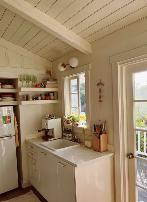 West Coast Cottage, Cottages And Cabins, Cottage Style Tiny House Interior, California Cottage Style, Cottage Cabin Kitchen, One Room Cottage Interior, Apartment Cottage Style, Small Beach Bungalow Interior, Beach Cottage Interiors Coastal Style