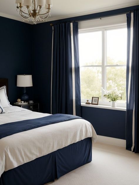 Create a chic and sophisticated bedroom by painting one of the walls a deep navy blue color. Complete the look by pairing it with elegant curtains in a complementary shade, adding a touch of luxury to your space. Navy Curtains Bedroom, Wall Curtains, Navy Curtains, Navy Blue Curtains, Sophisticated Bedroom, Navy Walls, Elegant Curtains, Deep Navy Blue, Blue Curtains