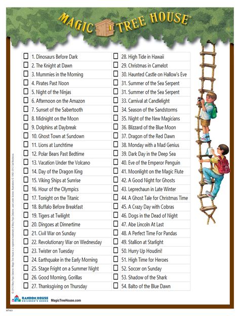 A checklist of all the books in the Magic Tree house Series.  Lily has a goal to read all of them. House Worksheet, Magic Tree House Activities, Magic Tree House Books, School Planning, Magic Tree House, House Series, Author Study, House Tree, Tree House Kids