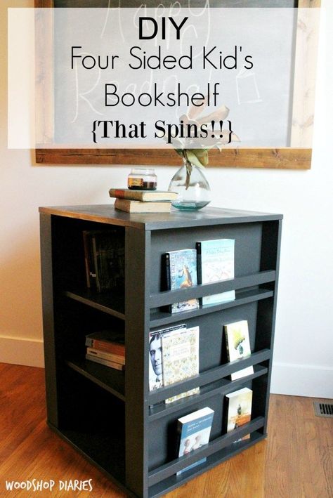 How to build a four sided Kid's bookshelf with these free building plans! Perfect for a kid's room, or even to use in an office for magazines! Great DIY project! #woodworkingforkids Wood Hobbies, Spinning Bookshelf, Diy Bookshelf Kids, Kids Woodworking Projects, Free Building Plans, Woodworking Bed, Wood Projects For Beginners, Woodworking Projects For Kids, Woodworking Toys