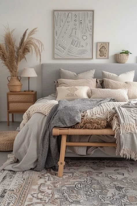 Explore the beauty of tranquil tones in your grey boho bedroom, where muted greys and earthy accents come together to create a calming and inviting atmosphere. Click the link to learn how to incorporate tranquil tones into your bedroom decor! White Gray And Wood Bedroom, Organic Modern Apartment Bedroom, Bedroom In Grey Tones, Beige Bedroom With Plants, Earthy Grey Bedroom, Calm Grey Bedroom, Gray Boho Bedroom Ideas, Gray And Terracotta Bedroom, Bedrooms With Grey Carpet