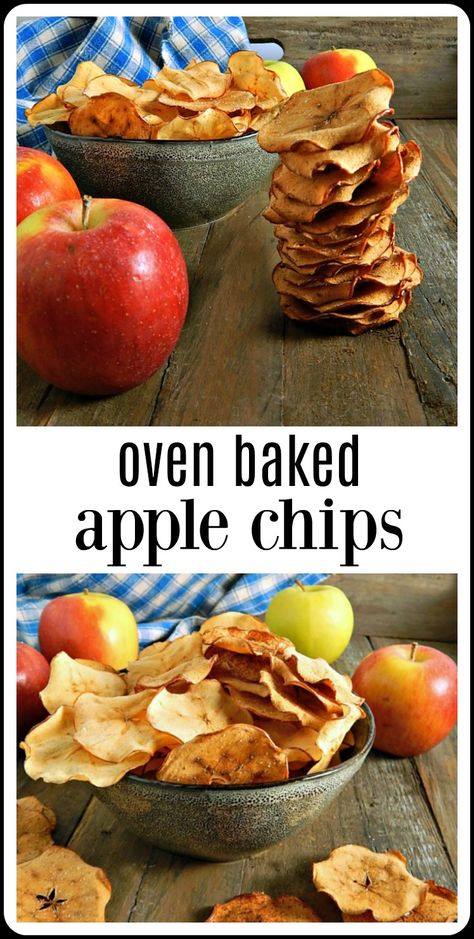 Oven Baked Apple Chips are crispy, crunchy sweet deliciousness, easy to make and perfect for a snack so good you won't even know it's healthy! #AppleChips #OvenAppleChips #HomemadeAppleChips Green Apple Recipes, Baked Apple Chips, Oven Baked Apple, Apple Chips Recipe, Baked Snacks, Healthy Snack Recipe, Easy Healthy Snack, Baked Apple Dessert, Cinnamon Apple Chips