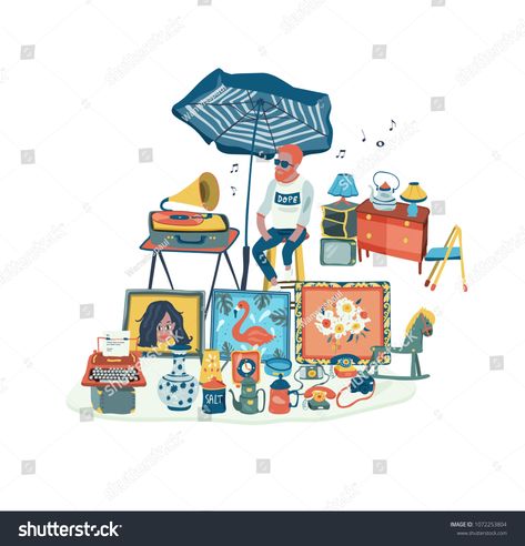 The man selling secondhand stuffs at flea market or market fair, all in colorful doodle cartoon flat design, illustration, vector, on white background #Ad , #spon, #market#flea#colorful#fair Flea Market Illustration, Stall Illustration, Flat Design Illustration, Doodle Cartoon, Silhouette Art, Technology Logo, Illustration Vector, Flat Design, Cartoon Design