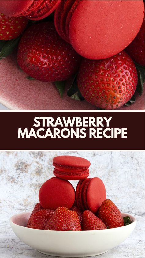 Strawberry Macarons Recipe is made with delicate almond meringue shells and filled with a luscious strawberry buttercream this recipe serves 17, takes about 1 hour to prepare, and results in beautiful, light, and fruity macarons perfect for any occasion. Fruity Macarons, Strawberry Filling Recipe, Strawberry Macarons Recipe, Meringue Shells, Almond Meringue, Strawberry Macarons, Strawberry Meringue, Strawberry Stuff, Macarons Recipe