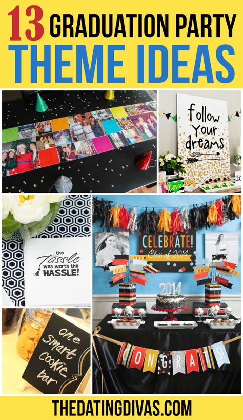 13 Graduation Party Theme Ideas from The Dating Divas #datingdivas #graduation #partythemes Graduation Party Theme Ideas, Middle School Graduation Party, Grade School Graduation, High School Graduation Party Themes, Graduation Card Box, Elementary School Graduation, Elementary Graduation, Graduation Card Boxes, Middle School Graduation