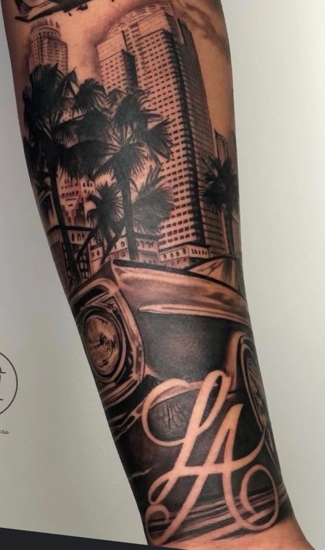 Negative Shading Tattoo, Los Angeles Tattoo Ideas, City Tattoo Ideas, Cali Tattoo, Building Tattoo, Leg Tats, Los Angeles Tattoo, La Tattoo, Full Sleeve Tattoo Design