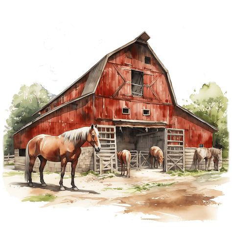 Watercolor Barns, Horse Clipart, Horse Shelter, Barn Pictures, Country Barns, Horse Art Print, Watercolor Horse, Horse Barn, Rural Life