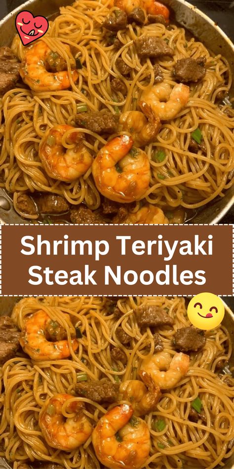 Treat your taste buds to a delightful Asian-inspired dish with Shrimp & Teriyaki Steak Noodles. Succulent shrimp, tender steak, and flavorful noodles tossed in a delicious teriyaki sauce. Steak Noodles, Steak Teriyaki, Shrimp Teriyaki, Hibachi Recipes, Teriyaki Noodles, Teriyaki Steak, Steak And Broccoli, Teriyaki Shrimp, Sea Food Salad Recipes