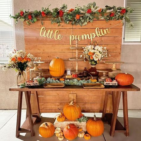 Pumpkin Theme Table Decor, Fall Baby Shower Desert Table, Fall Themed Baby Shower Backdrop, Pumpkin Theme Dessert Table, My Little Pumpkin Baby Shower Ideas Boy, A Pumpkin Is On The Way Decor, Little Pumpkin Baby Shower Table Decor, Pumpkin Baby Shower Centerpiece Ideas, Two Little Pumpkins Baby Shower Ideas