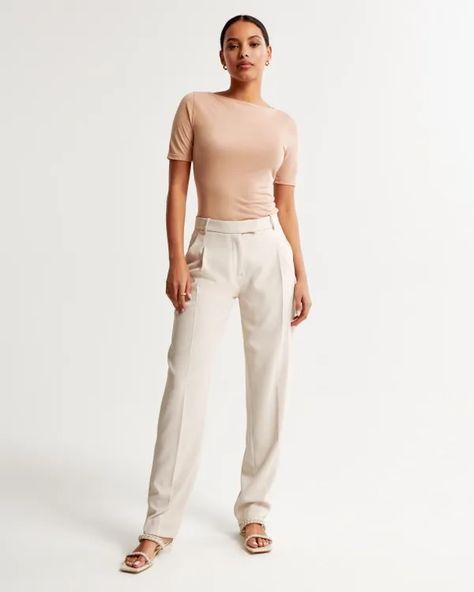 Low Rise Puddled Taper Pant, Beige Low Rise Pants, Beige Pants, Half Sleeve Tops, Sheer Overlay, Tapered Pants, Pleated Pants, Business Casual Outfits, Work Pants, Sleeve Designs