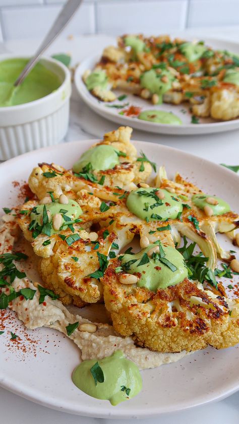 Crumbed cauliflower steaks dotted in a creamy rocket pesto (that takes one-minute to make). Need we say anymore? 😏 Vegan, refined sugar-free and gluten-free. #veganrecipes #cauliflowersteaks #rocketpesto #healthydinnerrecipes #healthyrecipes #easyrecipes #cauliflower #cauliflowerrecipes Crumbed Cauliflower, Cauliflower Steak Recipes, Rocket Pesto, Cook Cauliflower, Cauliflower Steaks Recipes, Recipe Cauliflower, Cauliflower Steak, Rice Bread, Arugula Pesto