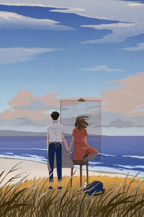 Together at тhe shore. Art Studio Ghibli, Art Mignon, Art Couple, Studio Ghibli Art, Ghibli Art, Art Et Illustration, Cute Couple Art, Arte Fantasy, 판타지 아트