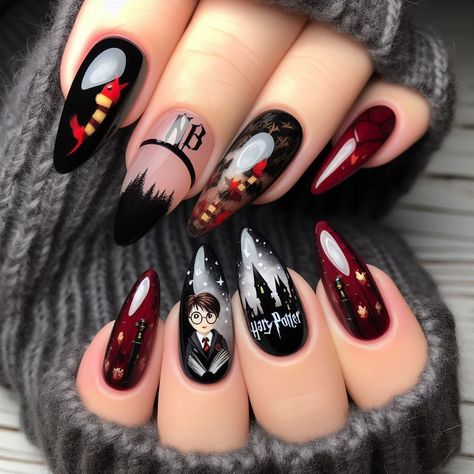 Harry Potter Christmas Nails, Harry Potter Manicure, Harry Potter Nail Ideas, Hogwarts Nails, Jack Potter, Hp Nails, 2023 Nails Ideas, Harry Potter Nails Designs, Harry Potter Portraits