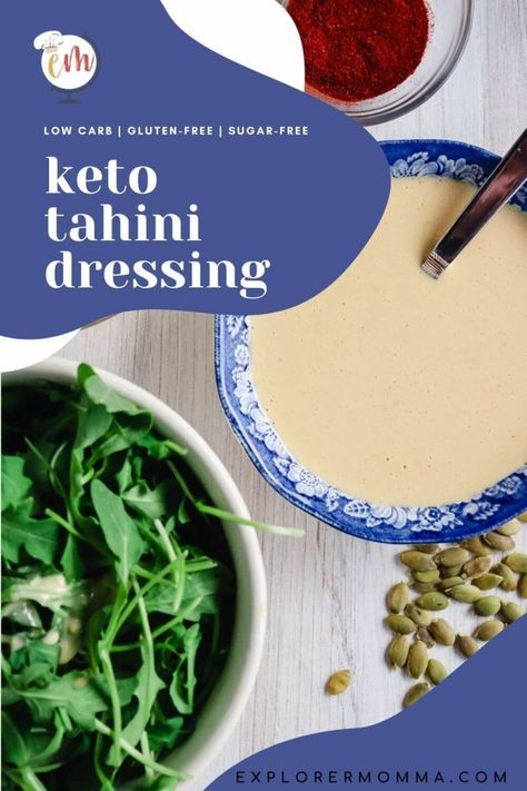 Delicious keto tahini salad dressing celebrates Mediterranean flavors with sesame tahini, bright lemon, garlic, and red pepper. The tastes of hummus in a low carb dressing. Blend it all up in under 5 minutes! Low Carb Dressing, Tahini Salad, Sesame Tahini, Tahini Salad Dressing, Keto Sauces, Keto Side, Low Carb Sauces, Condiment Recipes, Keto Side Dishes