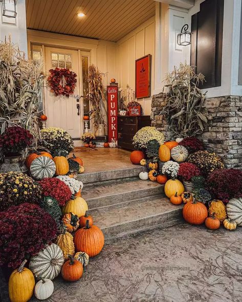 52 Fall Porch Decor Ideas for Any Size and Budget Pumpkin Porch Decorations, Coffee Table Fall Decor, Fall Houses Exterior, Front Porch Decorating Ideas, Mums In Pumpkins, Fall Front Porch Decor Ideas, Fall Container Gardens, American Farmhouse Style, Porch Pumpkins