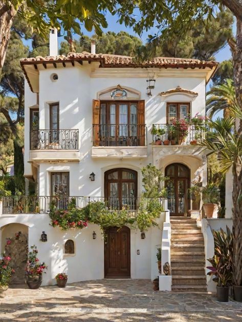 Stairs From Balcony To Garden, Spanish Facade, Italian Houses Exterior, Spanish Finca, House With A Garden, Mediterranean Houses, Greek Buildings, House With Garden, Malibu House