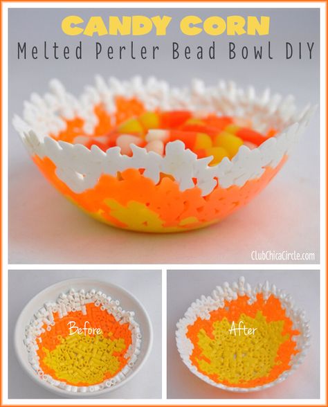 Candy Corn Inspired Melted Bead Bowl Tutorial Melted Bead Bowl, Melted Bead Crafts, Melted Candy, Candy Corn Crafts, How To Make Candy, Bead Bowl, Fall Candy, Fun Fall Crafts, Diy Bowl