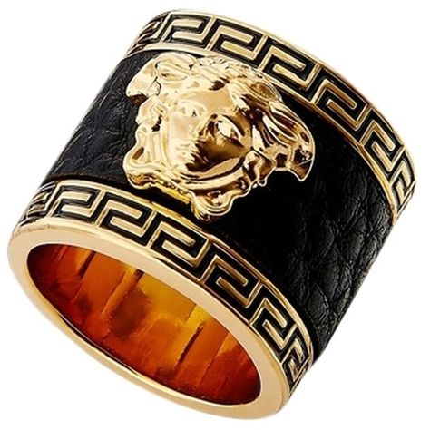 Pre-owned Brand New  Versace Leather Medusa Ring ($269) ❤ liked on Polyvore featuring jewelry, rings, accessories, versace, gold, wide band rings, preowned rings, versace jewelry and pre owned jewelry Versace Jewelry Rings, Versace Jewellery, Black Leather Jewelry, Medusa Ring, Versace Ring, Versace Leather, Kohls Jewelry, Ring Leather, Rings Black