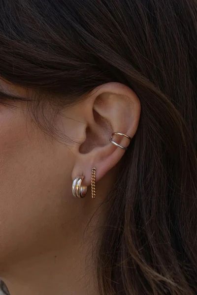 Mixed Metal Ear Curation, Eat Stack, Mixed Metal Earring Stack, Eat Cuffs, Earring Stacks, Ear Cuff Gold, 2024 Moodboard, Silver Gold Earrings, Curated Ear