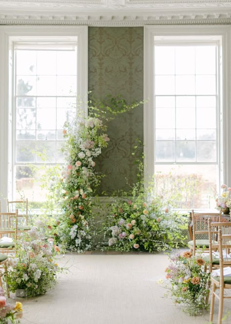 Flowers At The Alter, Deconstructed Floral Arch Wedding, Spring Wedding Alter Ideas, Harlow James, Wedding Floral Backdrop, Wedding Ceremony Flower Arrangements, Altar Flowers Wedding, Flower Arches, Ceremony Arches