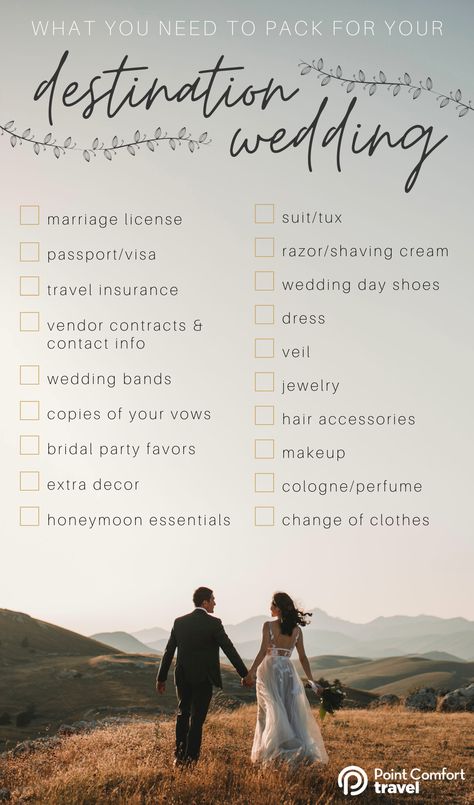 Packing checklist for your destination wedding! Destination Wedding Checklist Timeline, Destination Wedding Tips, Destination Wedding Planning Checklist, Affordable Destination Wedding, Destination Wedding Checklist, Wedding Checklist Timeline, Wedding Checklist Detailed, Honeymoon Essentials, Wedding Day Checklist