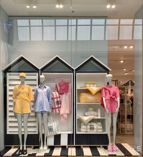 Summer Merchandising, Coastal Windows, Summer Window Display, Windows Design, Summer Window, Yves Delorme, Presentation Ideas, Retail Windows, Beach Huts