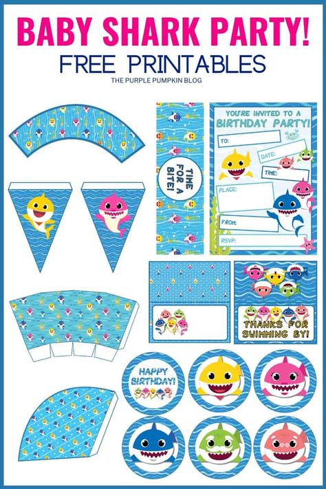 If you are looking for Free Baby Shark Party Printables then you have hit the jackpot! I’ve got a huge set of Baby Shark printables that has everything you need to throw an awesome themed party including invitations, party decorations, cupcake toppers, and more! Baby Shark Printables Free, Baby Shark Party Decorations, Baby Shark Printable, Baby Shark Party Ideas, Baby Shark Decorations, Shark Party Invitations, Shark Printables, Shark Birthday Party Invitation, Baby Shark Birthday Party