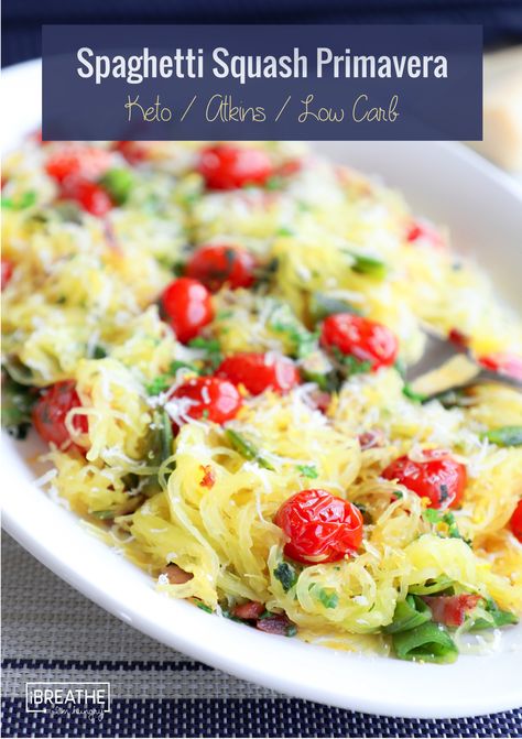 Bright, fresh flavors make this keto spaghetti squash primavera sing! Keto Spaghetti Squash, Baked Spaghetti Squash Recipes, Keto Spaghetti, Crockpot Spaghetti, Baked Spaghetti Squash, Pasta Primavera, Low Carb Pasta, Spaghetti Squash Recipes, Low Carb Sides